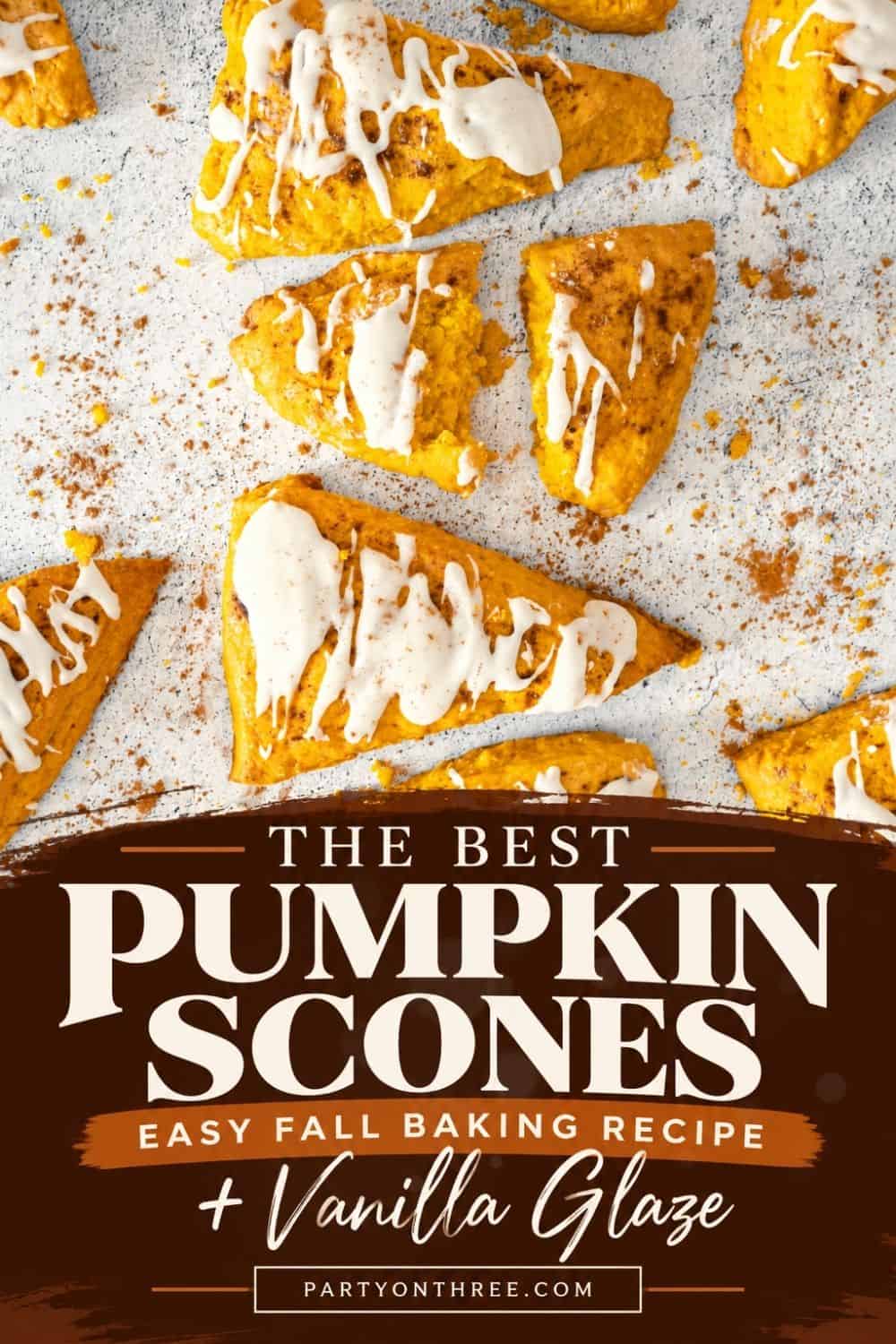 Pinterest graphic for the best pumpkin scones recipe with vanilla glaze on a speckled countertop
