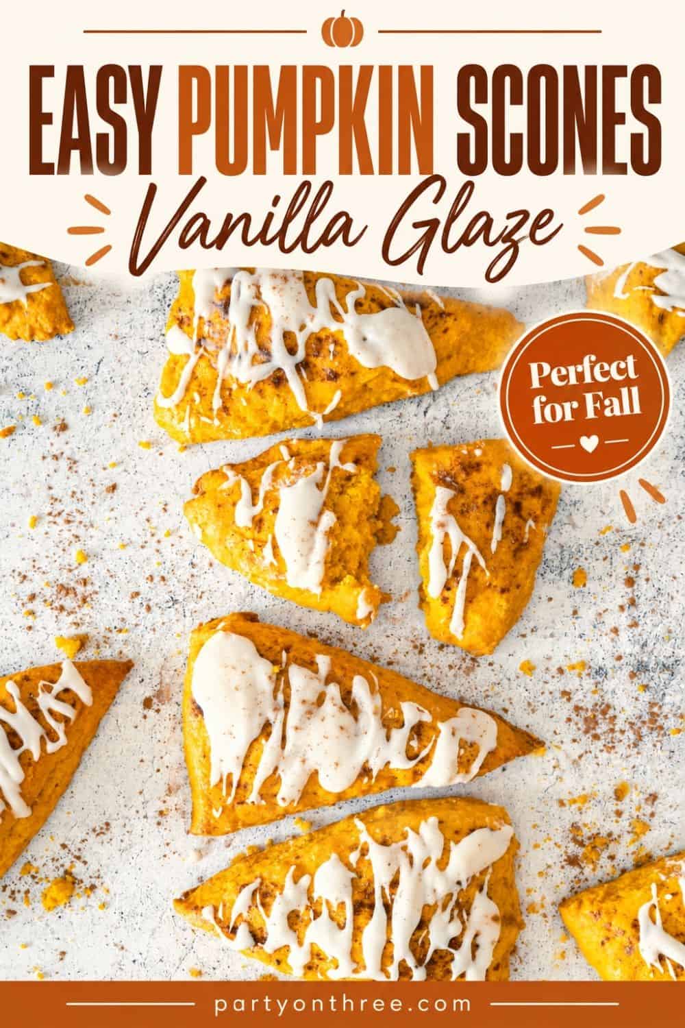 Glazed pumpkin scones on a speckled surface labeled easy pumpkin scones with vanilla glaze, perfect for fall