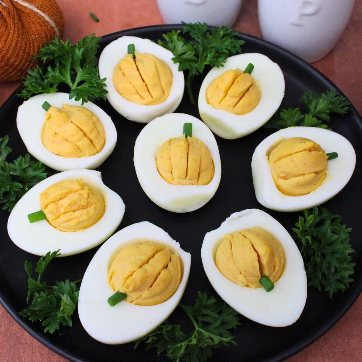 Pumpkin Shaped Deviled Eggs Made in the Air Fryer