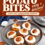 Toasted sweet potato bites with pecans on top, plated with marshmallows and forks nearby, side dish graphic