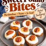 Plated Sweet Potato Bites topped with toasted marshmallow and pecans, easy Thanksgiving appetizer recipe title