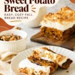 Sliced chocolate chip sweet potato bread with meringue topping on a plate, walnuts and milk in background