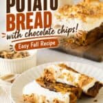 Sweet potato bread with chocolate chips and meringue topping styled with bold recipe title text