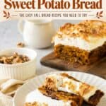 Chocolate chip sweet potato bread loaf sliced open showing marshmallow topping and moist crumb