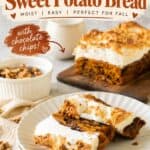Chocolate chip sweet potato bread slices on a plate with text overlay before the FAQ section