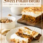 Two slices of sweet potato bread with toasted meringue on a white plate before the recipe ingredients