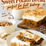 Sliced sweet potato bread with meringue topping styled with playful text before the how-to steps