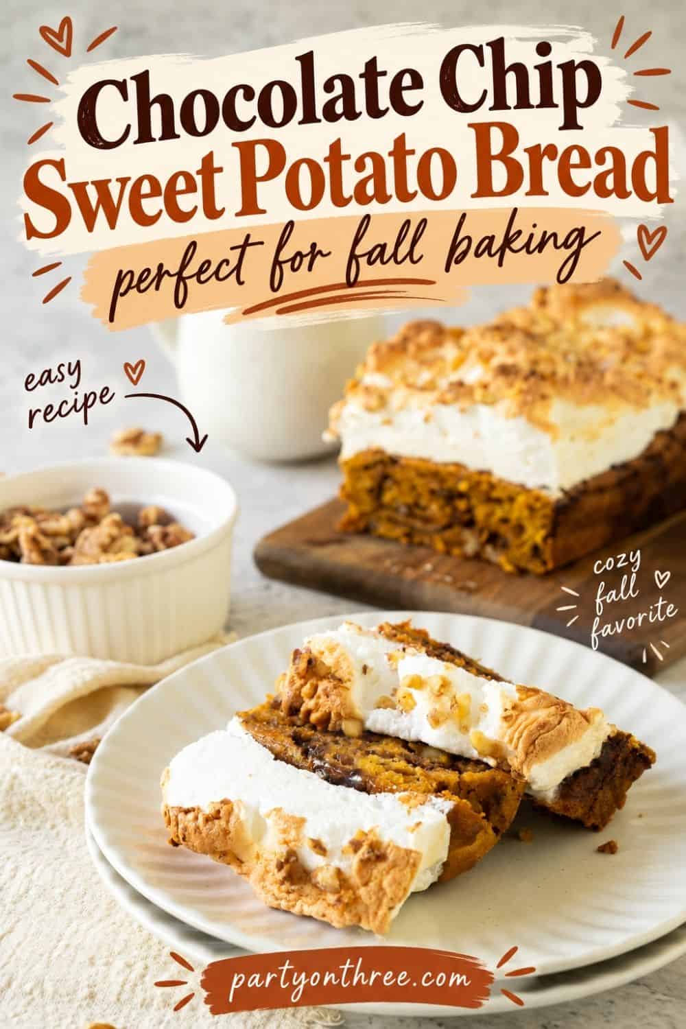 Sliced sweet potato bread with meringue topping styled with playful text