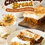 Sweet potato chocolate chip bread slices on a plate placed just above the recipe card