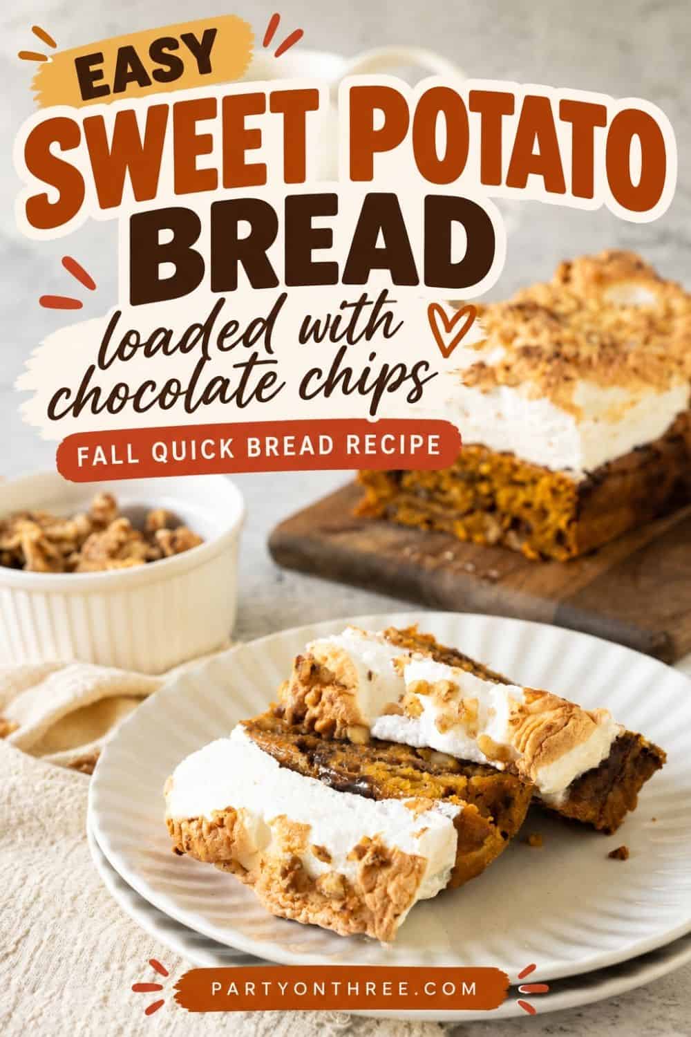 Sliced sweet potato bread loaded with chocolate chips on a white plate