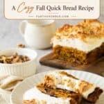 Finished chocolate chip sweet potato bread on a plate styled with tips section text overlay