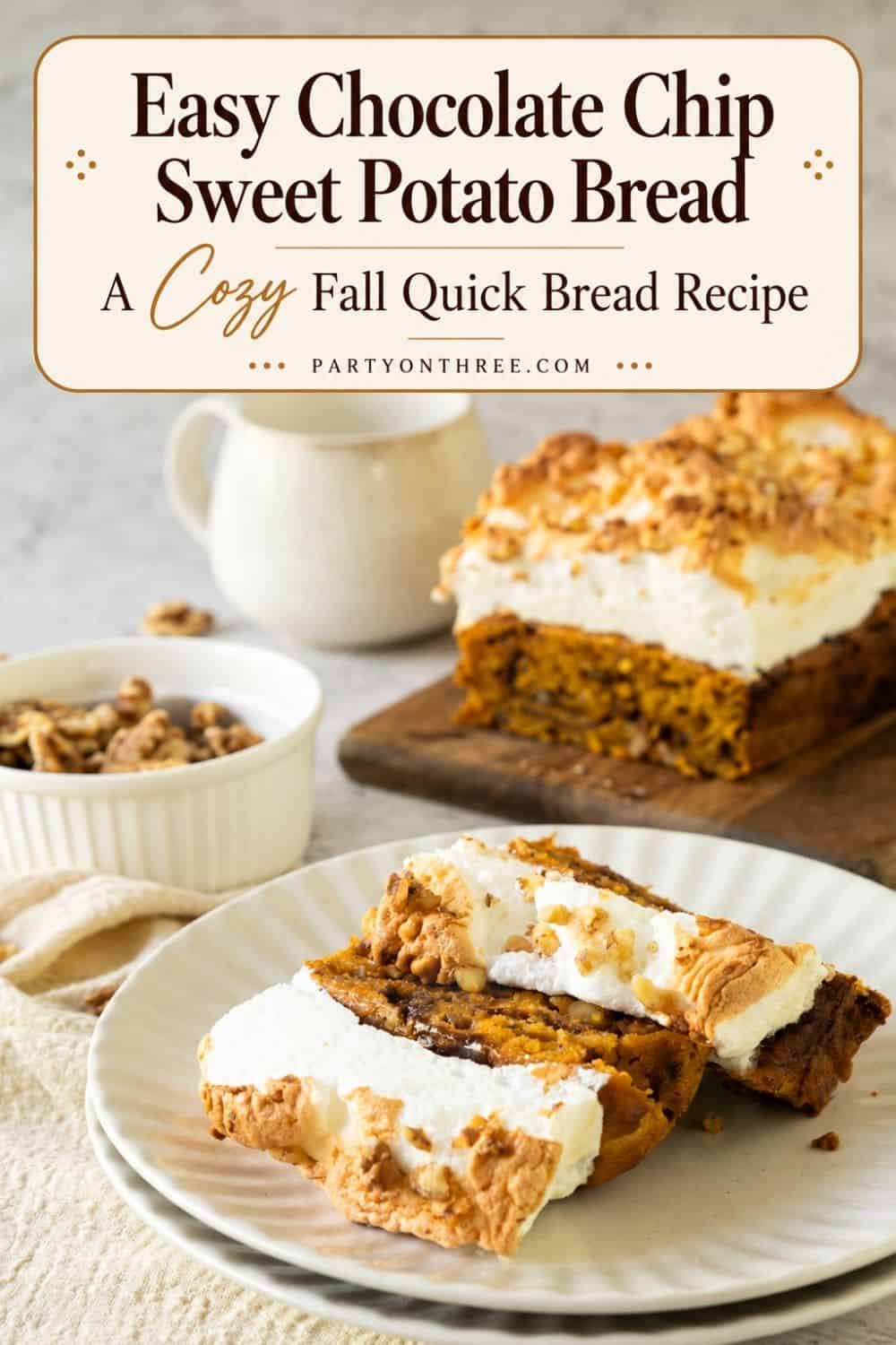 Finished chocolate chip sweet potato bread on a plate