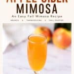Apple cider mimosa in a champagne flute on a marble surface with apples in the background