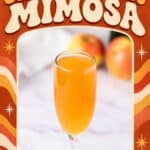 Apple cider mimosa in a champagne flute with apples blurred in the background
