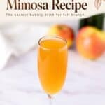 Apple Cider Mimosa in a champagne flute on marble, with whole apples blurred in the background