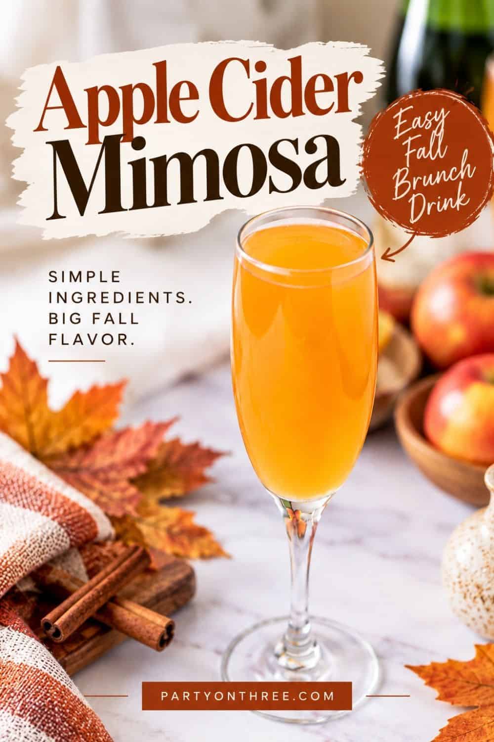 Apple Cider Mimosa in a champagne flute on a marble counter with apples and cinnamon sticks