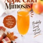 Glass of Apple Cider Mimosa with cinnamon sticks, fall leaves, and apples on a marble counter.