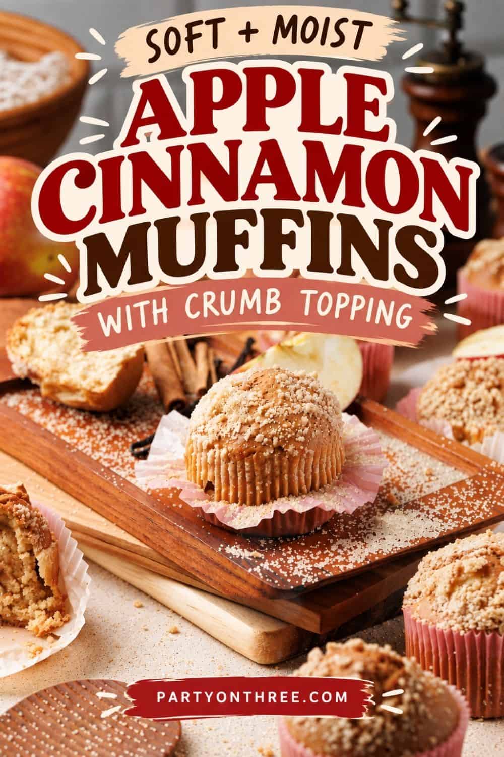 Apple cinnamon muffins with crumb topping on a wooden board, surrounded by cinnamon sticks and fresh apple slices.