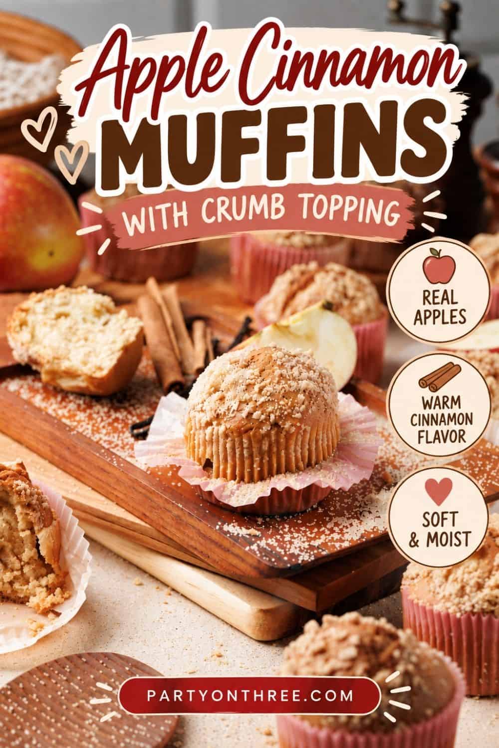 Apple cinnamon muffins with crumb topping on a wooden board, surrounded by fresh apples and cinnamon sticks.