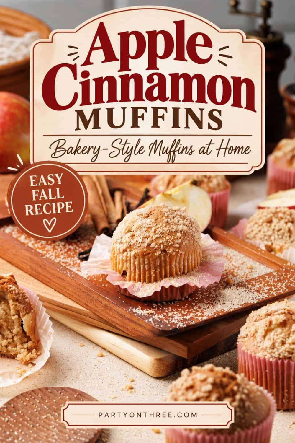 Apple cinnamon muffins topped with crumble on a wooden board, surrounded by cinnamon sticks and apple slices