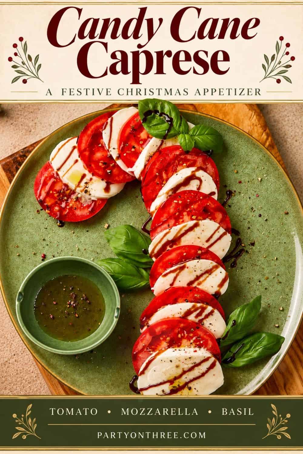 Caprese Candy Cane appetizer on a green plate with tomato, mozzarella, basil, and balsamic drizzle