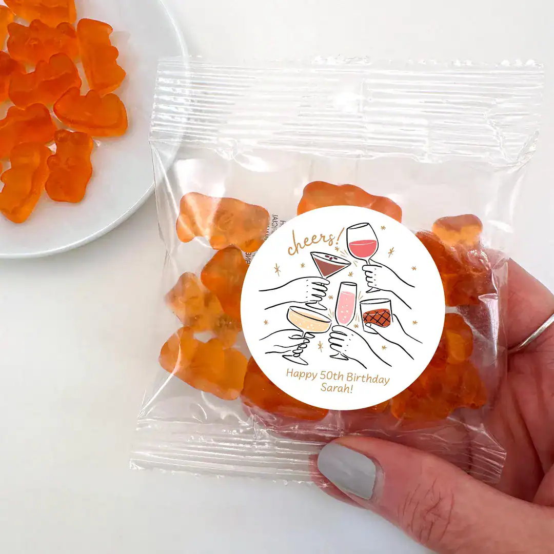 Champagne Gummy Bear Favor Bags With Custom Cheers Sticker