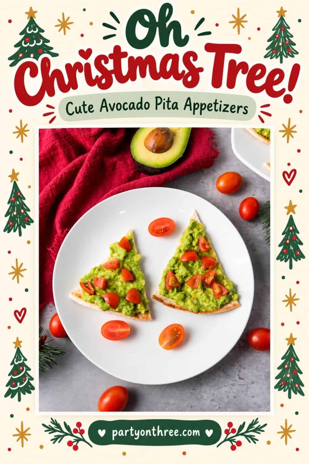 Triangle pita slices topped with mashed avocado and diced tomatoes, styled as Christmas tree appetizers.