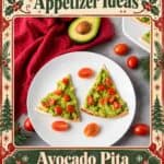 Triangle pita slices topped with mashed avocado and diced tomatoes, shaped like Christmas trees on a white plate