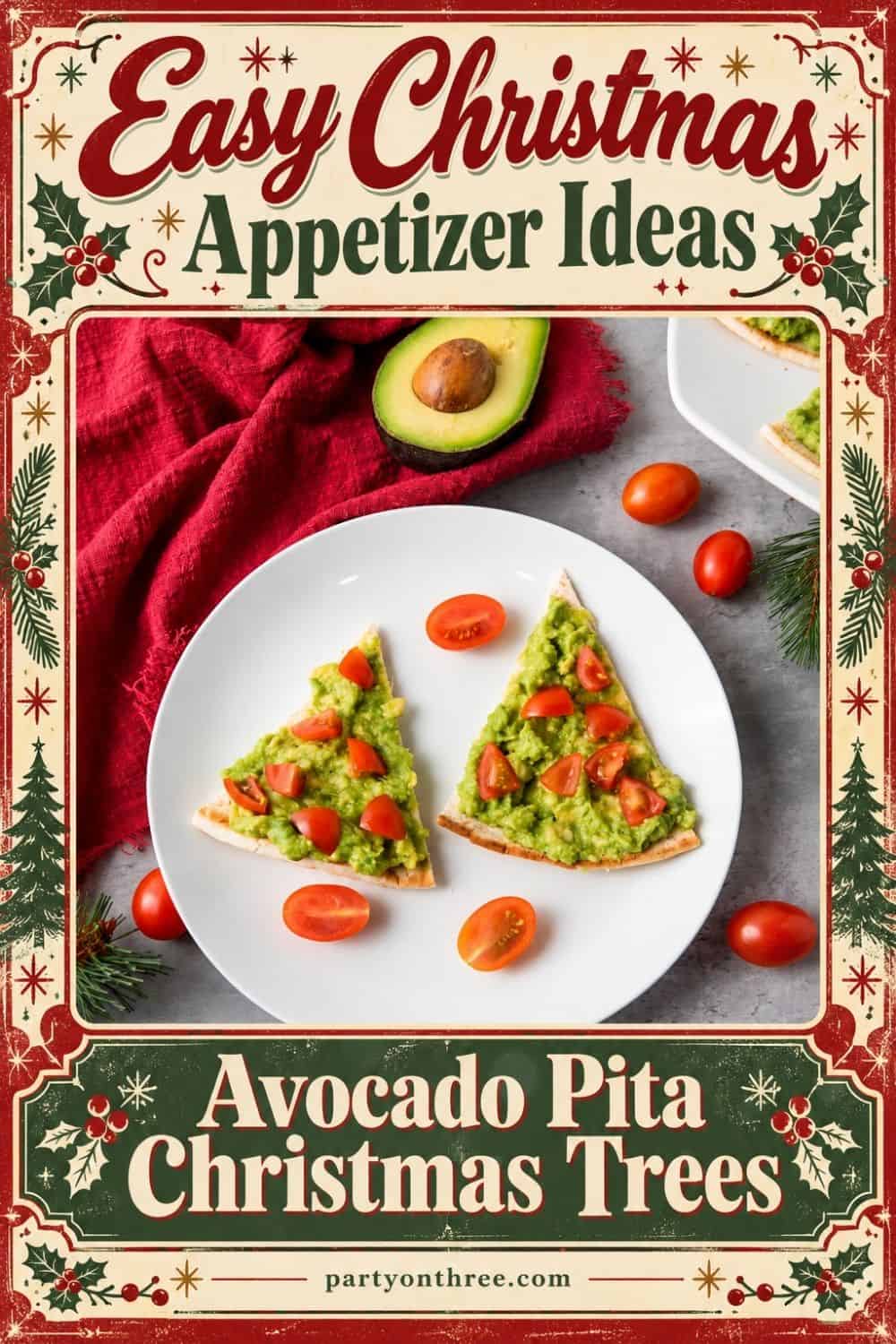 Triangle pita slices topped with mashed avocado and diced tomatoes, shaped like Christmas trees on a white plate