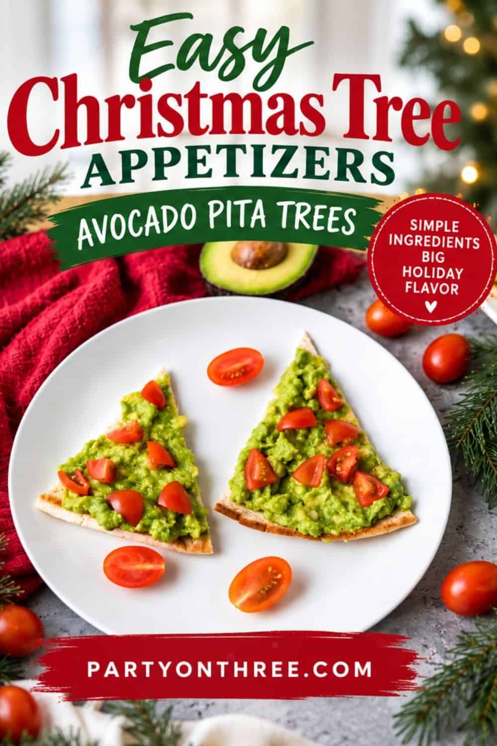 Avocado pita Christmas tree appetizers topped with diced tomatoes, served on a white plate with cherry tomatoes