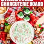 Christmas charcuterie board with marshmallow dip, reindeer pretzels, Oreo trees, strawberries, grapes, and pretzels.