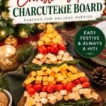 Christmas cheese board shaped like trees with cubed cheddar, cherry tomatoes, and rosemary on a wooden board