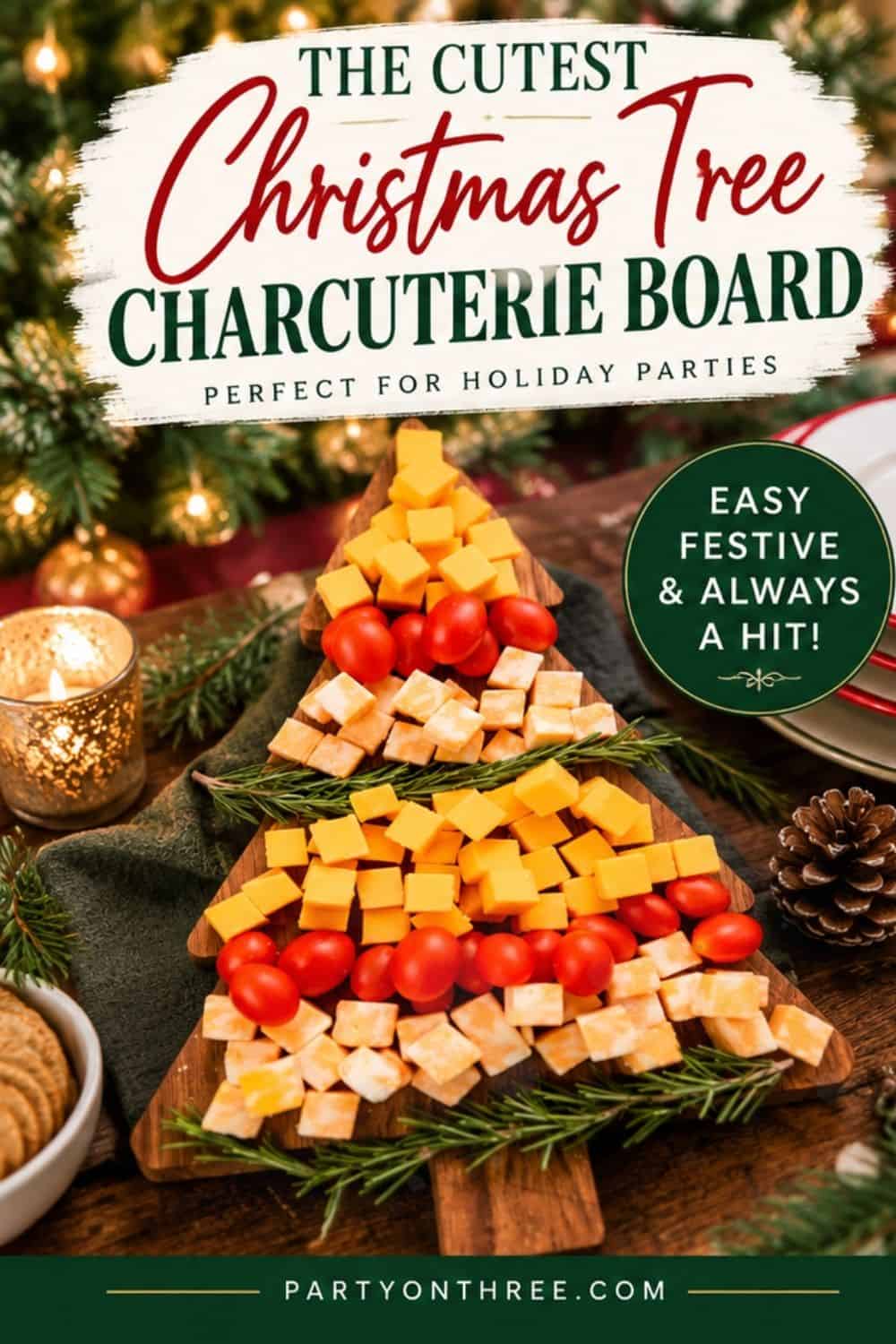Christmas cheese board shaped like trees with cubed cheddar, cherry tomatoes, and rosemary on a wooden board