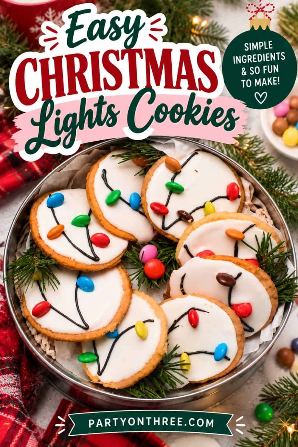 Christmas Light Cookies decorated with white icing and candy "bulbs" connected by piped black wire lines
