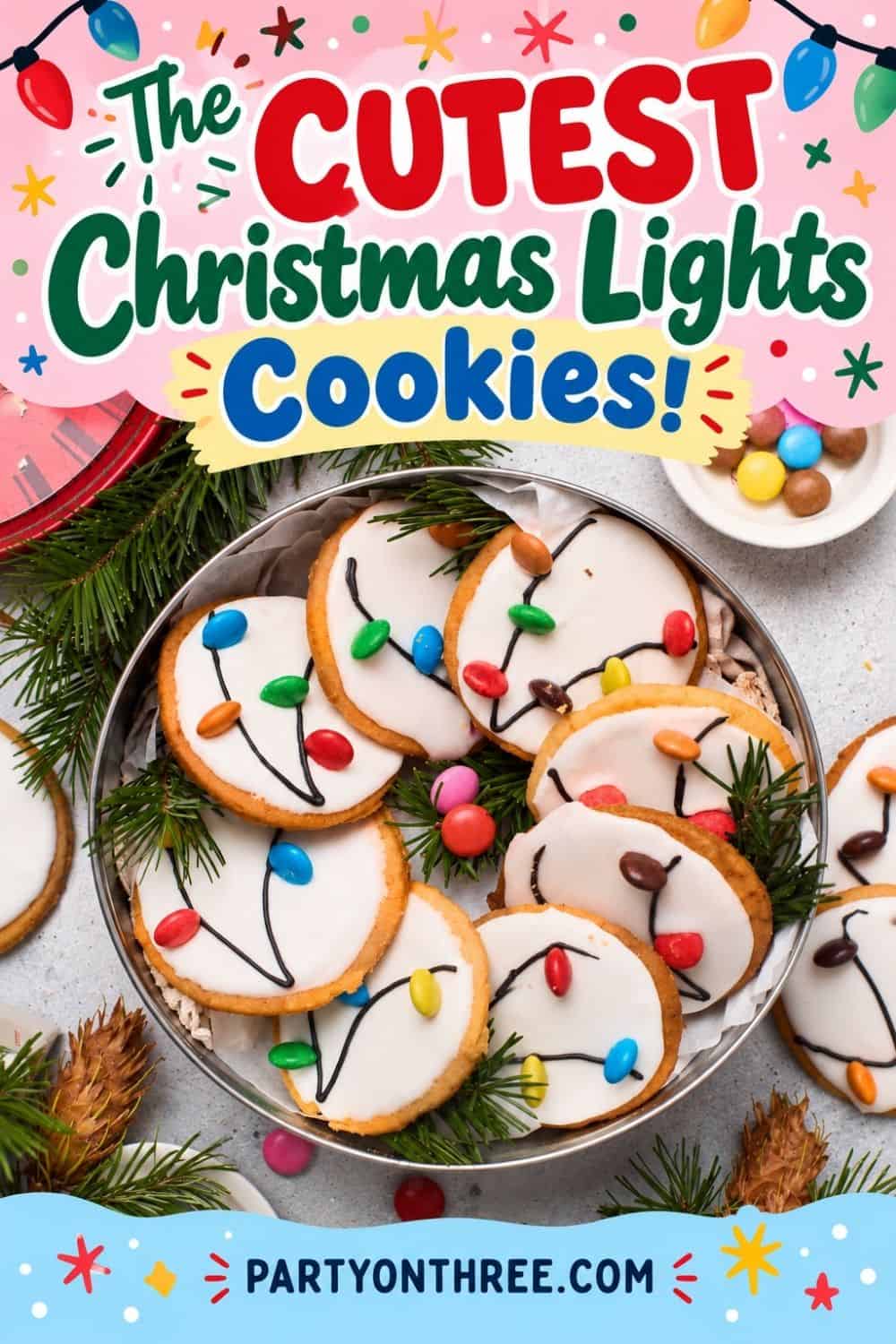 Christmas Light Cookies in a tin, iced with candy bulbs and piped black wire designs