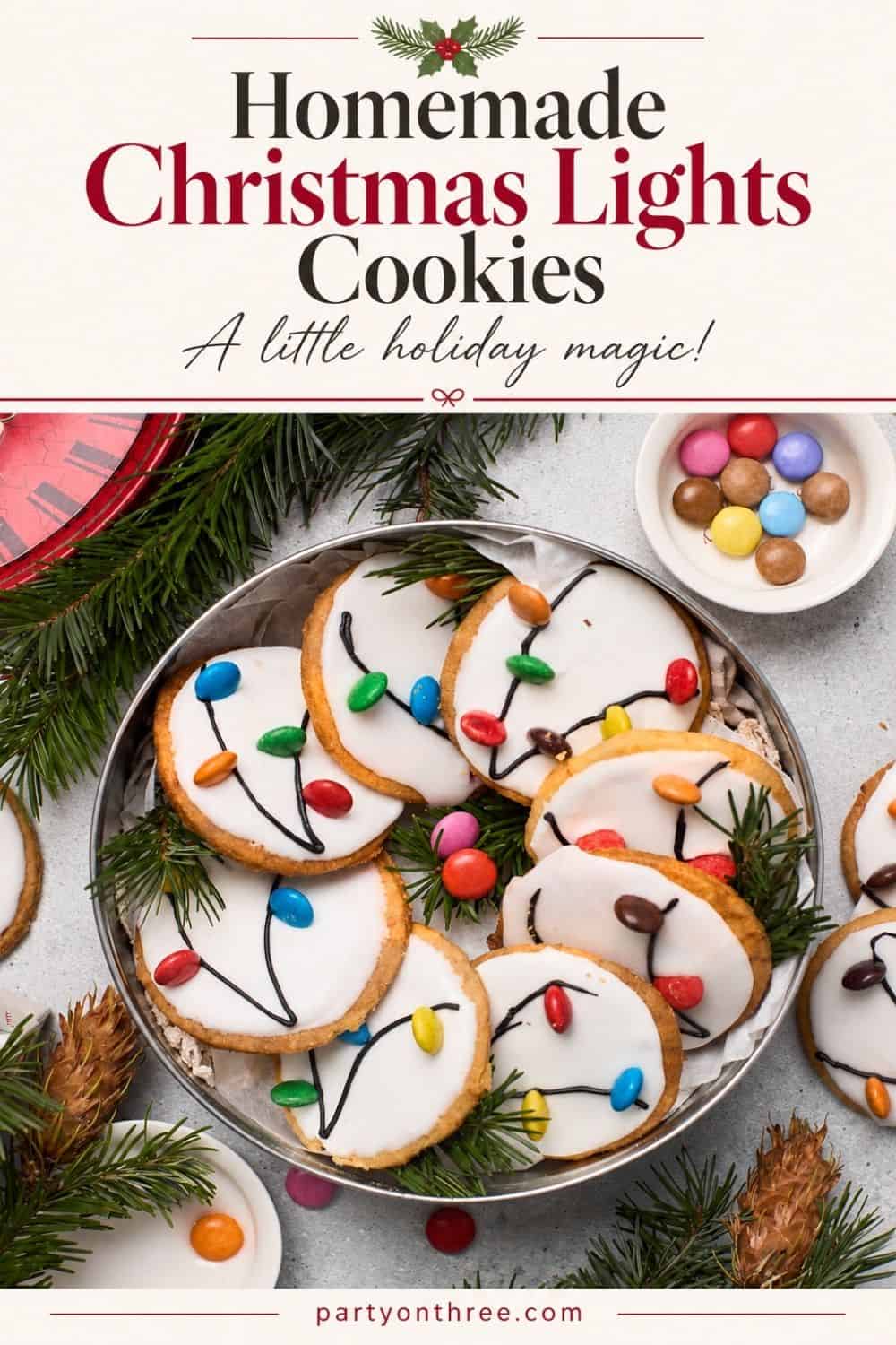 Christmas Light Cookies on a tray, iced sugar cookies decorated with candy "bulbs" and icing wires