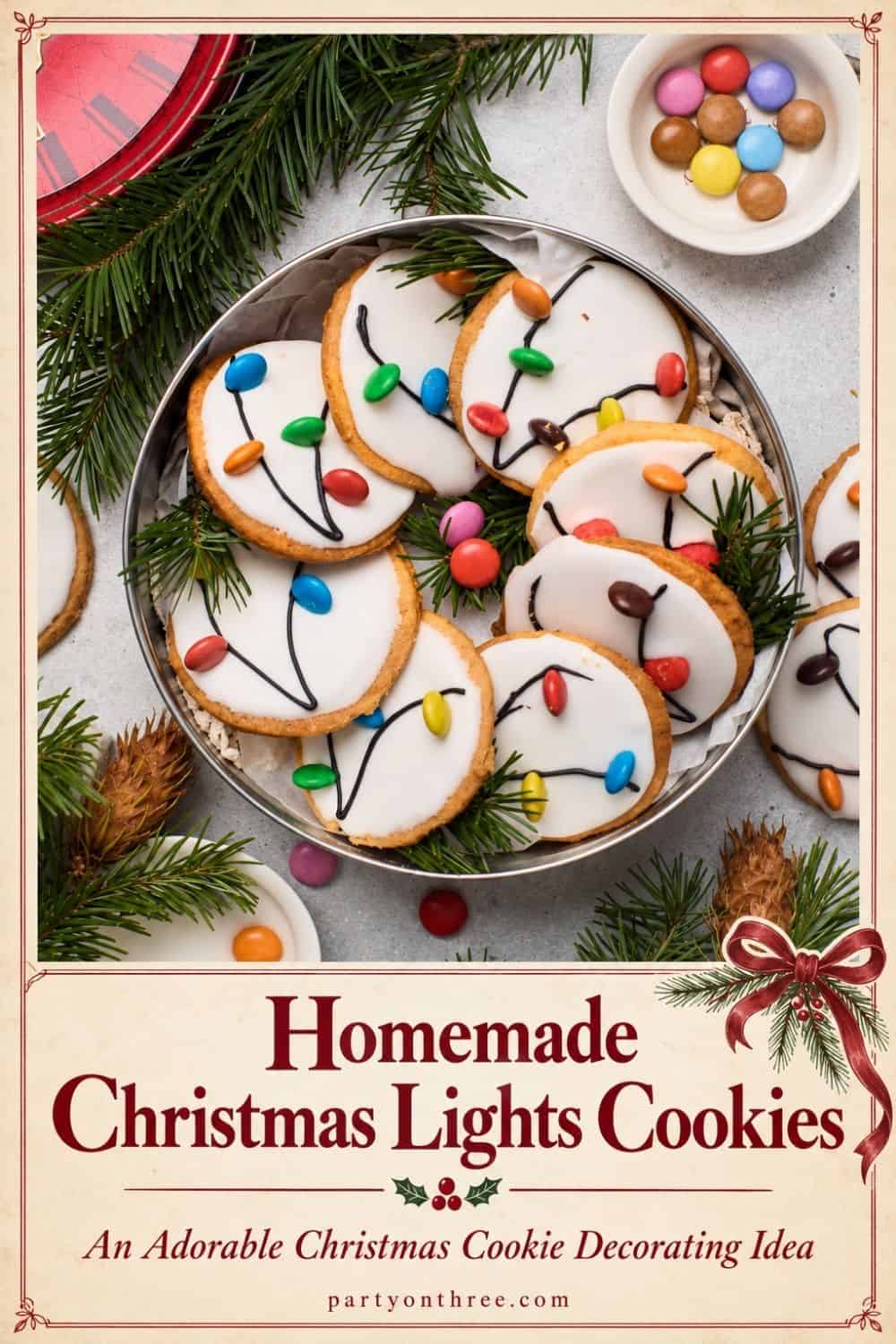 Christmas Light Cookies on a tin, white iced sugar cookies topped with candy lights and icing wire designs