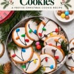 Christmas Light Cookies on a tray, iced sugar cookies decorated with candy "lights" and icing wires