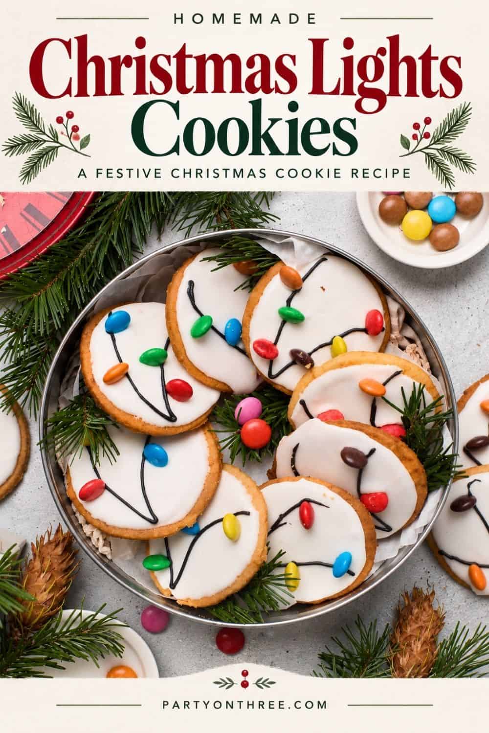 Christmas Light Cookies on a tray, iced sugar cookies decorated with candy "lights" and icing wires