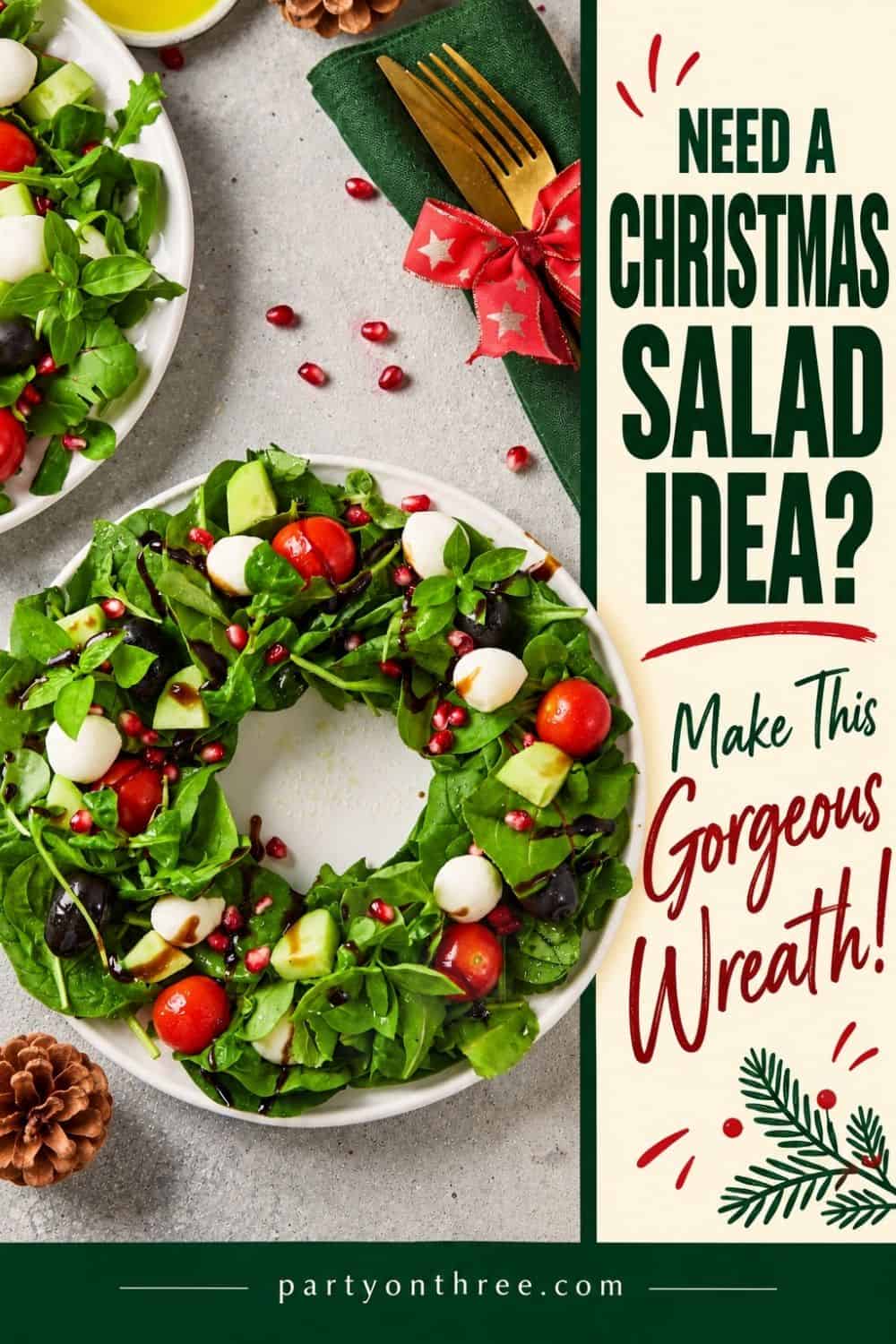 Christmas Wreath Salad with mozzarella, tomatoes, pomegranate and balsamic drizzle arranged in a wreath shape