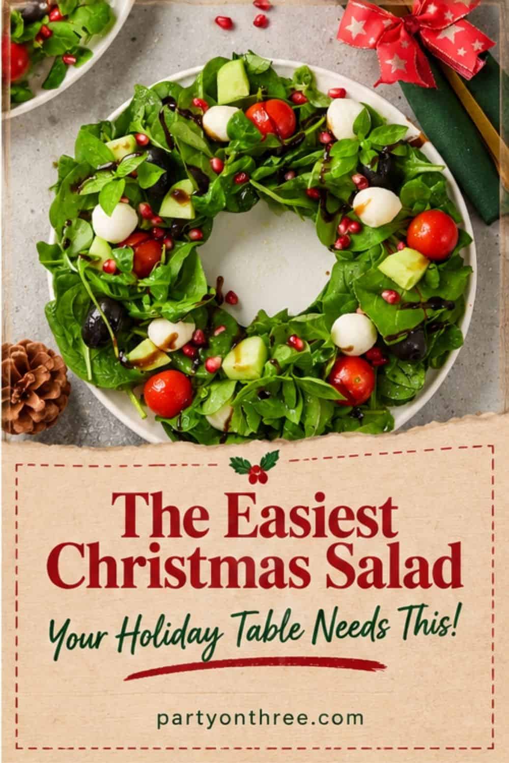 Christmas Wreath Salad (Easy Christmas Caprese Salad) on a white plate with mozzarella, tomatoes, and pomegranate seeds