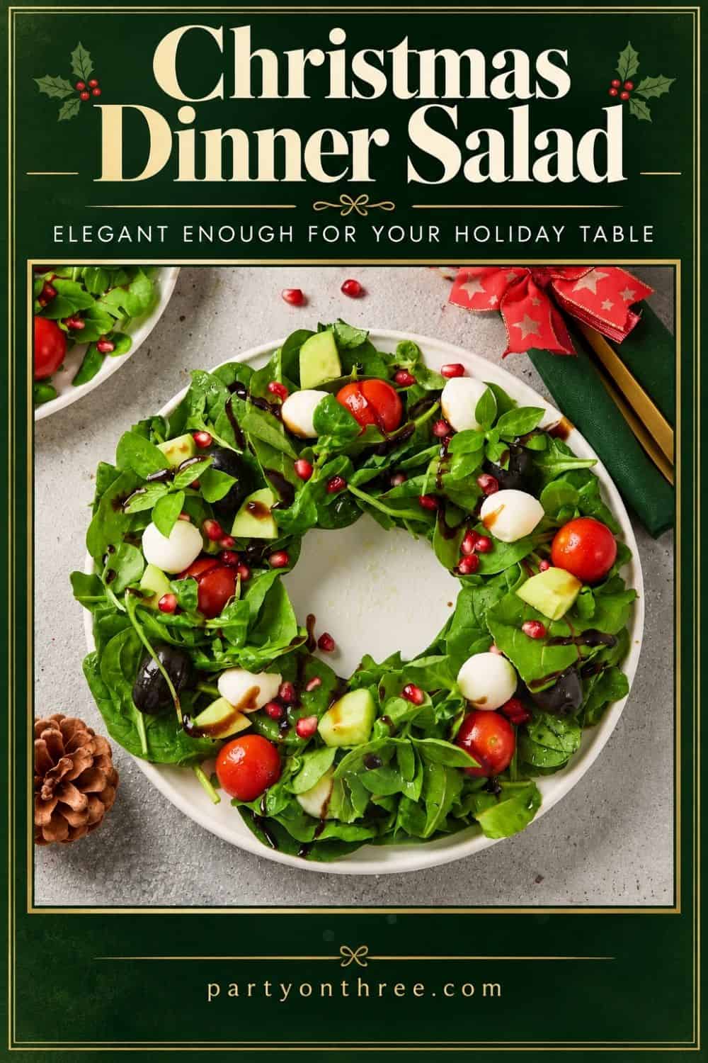 Christmas Wreath Salad (Easy Christmas Caprese Salad) with mozzarella, tomatoes, pomegranate, and balsamic drizzle