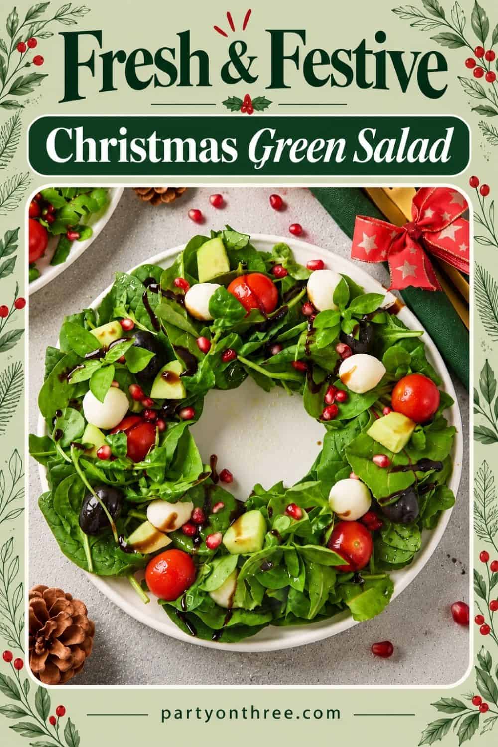Christmas Wreath Salad shaped on a plate with spinach, mozzarella, tomatoes, pomegranate seeds, and balsamic drizzle.