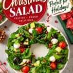 Christmas Wreath Salad with mozzarella, tomatoes, pomegranate and avocado arranged in a wreath shape with balsamic glaze.