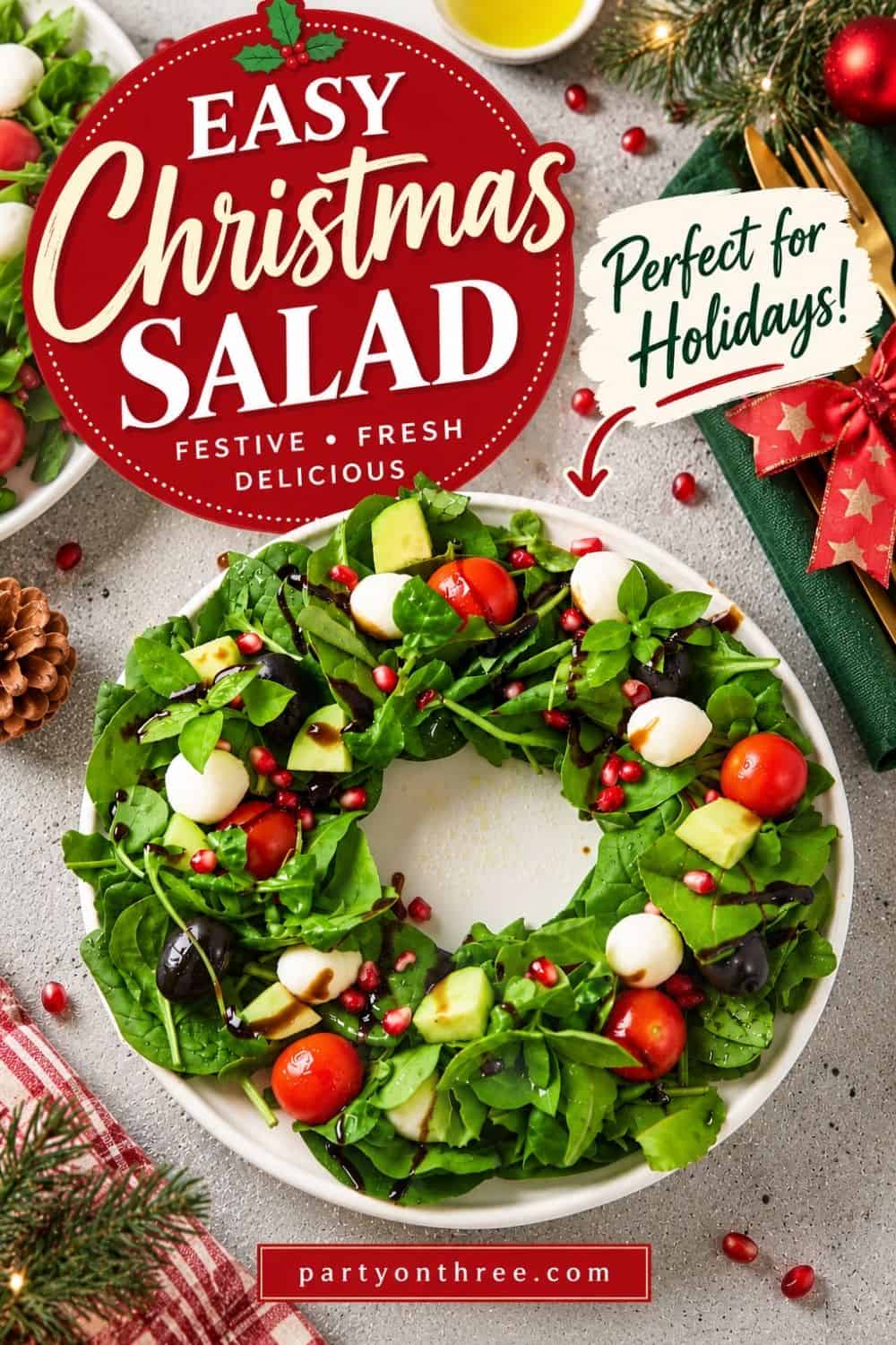 Christmas Wreath Salad with mozzarella, tomatoes, pomegranate and avocado arranged in a wreath shape with balsamic glaze.