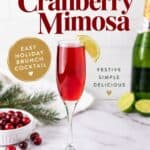 Cranberry Mimosa in a champagne flute with a lime wedge, fresh cranberries and bottle in the background