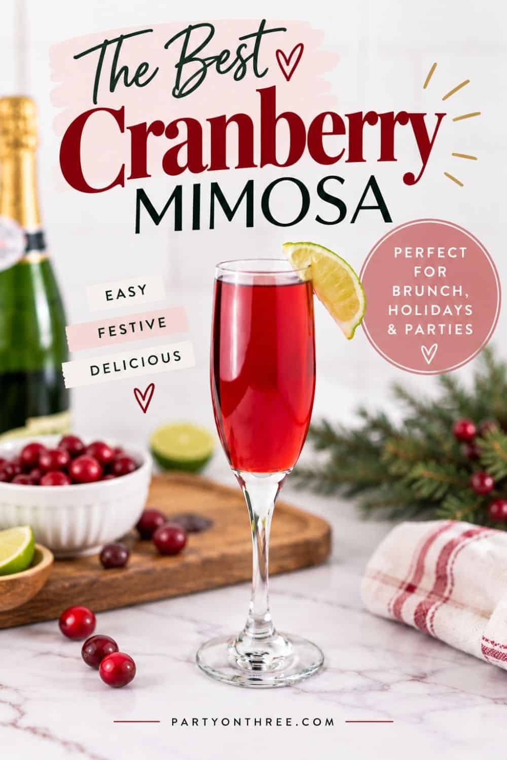 Cranberry Mimosa in a champagne flute with a lime wedge, surrounded by fresh cranberries and champagne