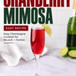 Cranberry Mimosa in a champagne flute with a lime wedge garnish, next to a bottle of champagne