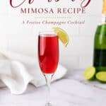 Cranberry mimosa in a champagne flute garnished with a lime wedge, next to a bottle of champagne and limes