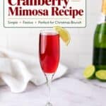 Cranberry mimosa in a champagne flute with a lime wedge garnish, next to a bottle of bubbly